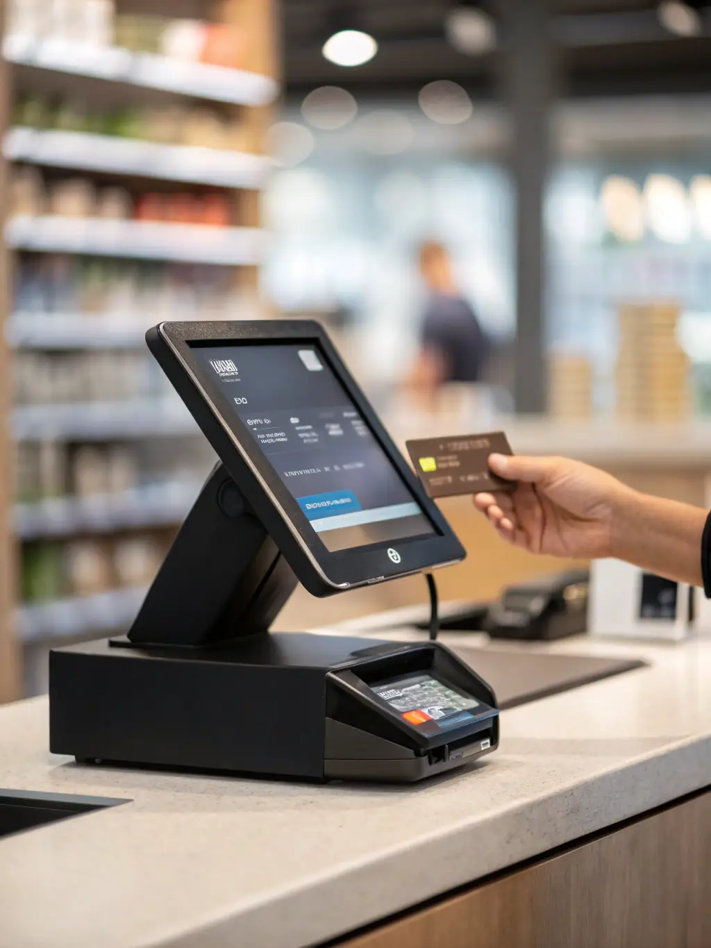 A clean, minimalist graphic representing Square's point-of-sale system, highlighting its ease of use and versatility for both online and in-person transactions.