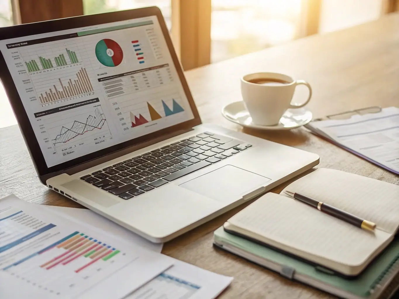 A professional workspace featuring a laptop displaying a secure payment gateway interface, surrounded by financial charts and graphs, symbolizing efficient payment processing.